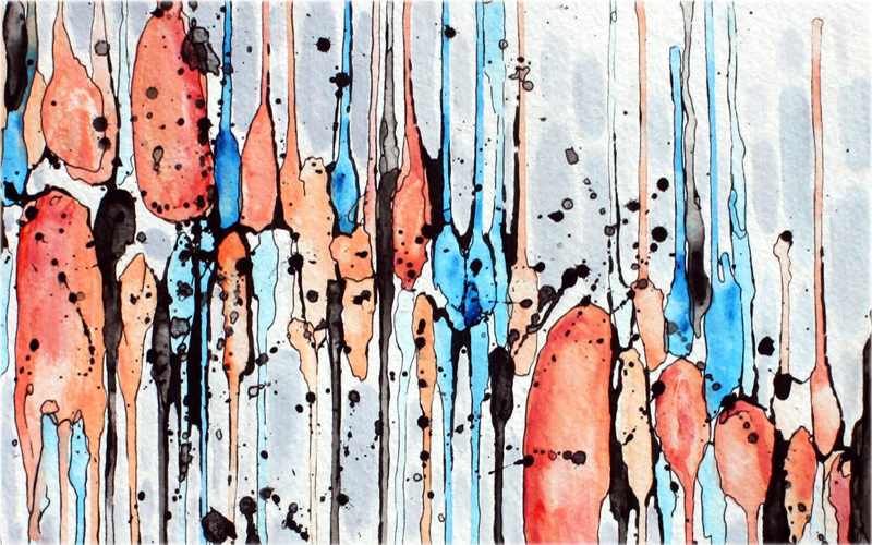 abstract painting by Marie-Eve Champagne at Champagne Artwork. Movement, dripping, black, orange and blues, vertical lines.