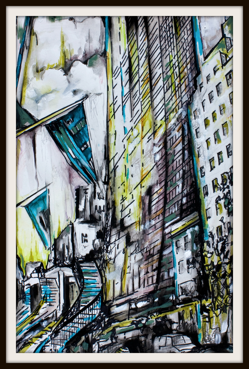 figurative representational painting by Marie-Eve Champagne at Champagne Artwork. flag, big apple, skyscraper, city, urban landscape, city street in New York, traffic light, expressionism