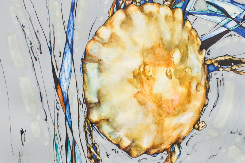 figurative representational mixed media artwork by Marie-Eve Champagne at Champagne Artwork. sea creatures, jellyfish, expressionism, gray, ochre, fluid movement