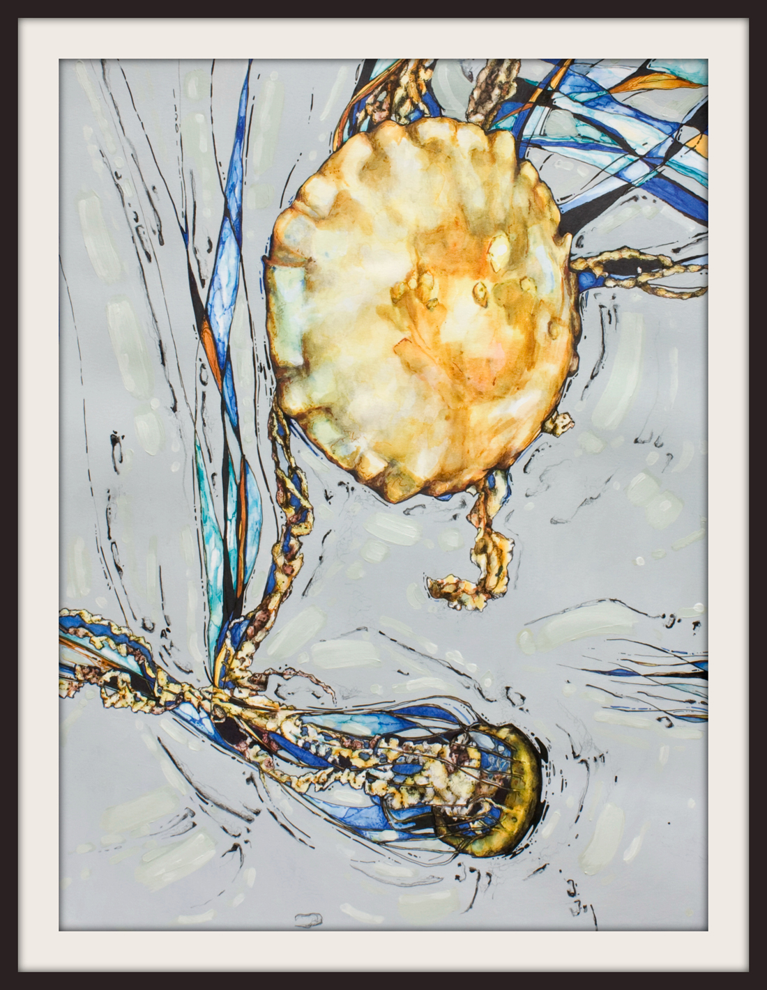 figurative representational mixed media artwork by Marie-Eve Champagne at Champagne Artwork. sea creatures, jellyfish, expressionism, gray, ochre, fluid movement