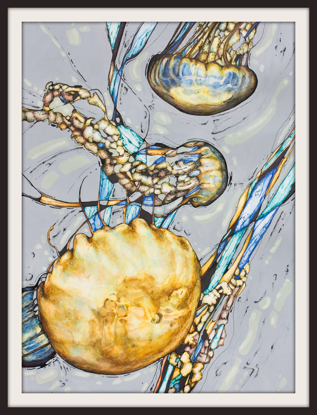 figurative representational mixed media artwork by Marie-Eve Champagne at Champagne Artwork. sea creatures, jellyfish, expressionism, gray, ochre, fluid movement