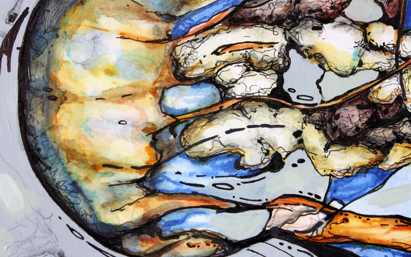 figurative representational mixed media artwork by Marie-Eve Champagne at Champagne Artwork. sea creatures, jellyfish, expressionism, gray, ochre, fluid movement