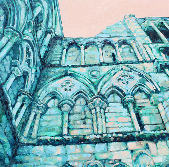 figurative representational painting by Marie-Eve Champagne at Champagne Artwork. architecture, old painting, edinburgh, aqua, clover turquoise, columns, perspective