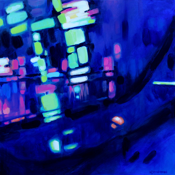 abstract painting by Marie-Eve Champagne at Champagne Artwork. Movement, blue and neon colors