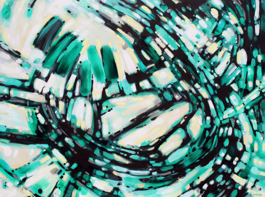 abstract painting by Marie-Eve Champagne at Champagne Artwork. Movement, green, black, pattern, fragmentation.