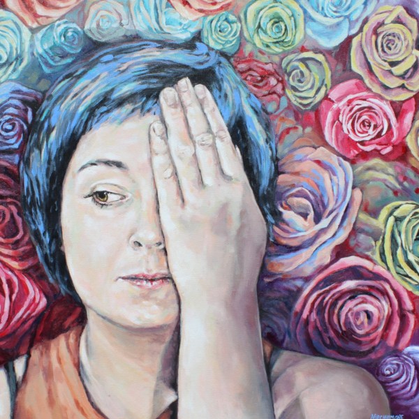 figurative representational painting by Marie-Eve Champagne at Champagne Artwork. rocks, minerals, realism, lyrical, face, person hiding their eye, women dreaming with roses and flowers