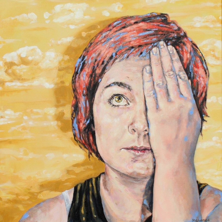 figurative representational painting by Marie-Eve Champagne at Champagne Artwork. rocks, minerals, realism, lyrical, face, person hiding their eye, women dreaming with clouds
