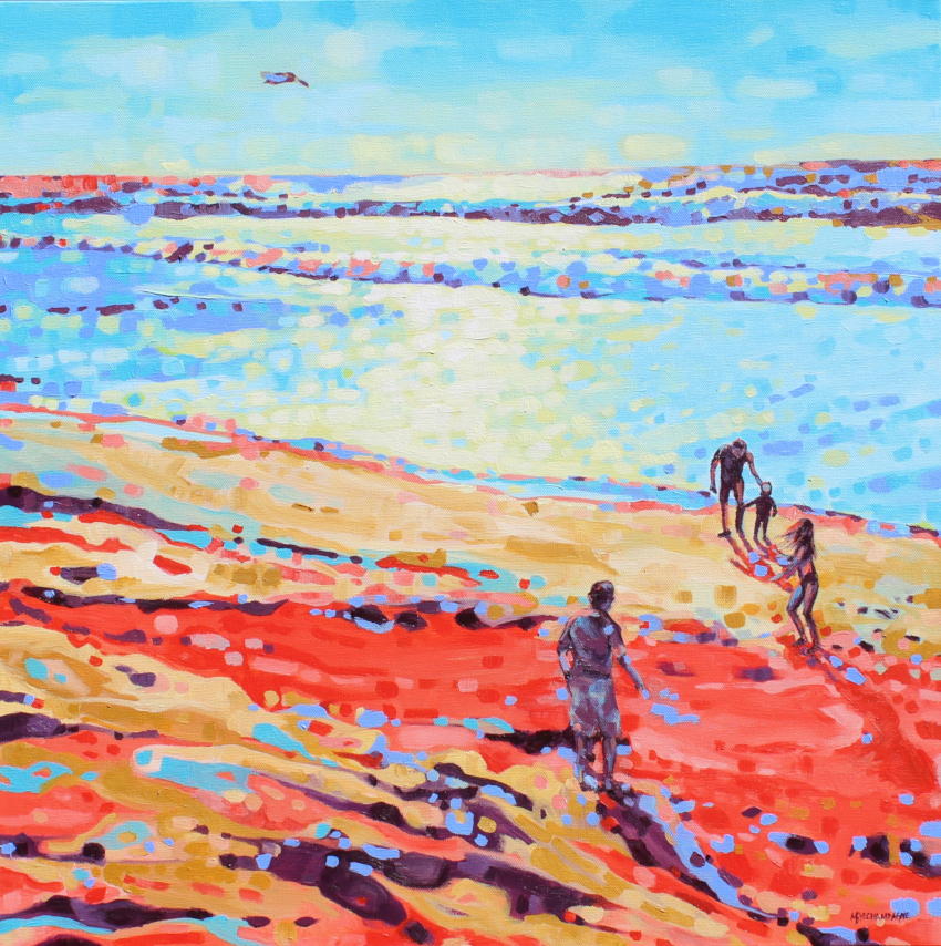 figurative representational painting by Marie-Eve Champagne at Champagne Artwork. summer, beach, children, sea, ocean, family, warmth, orange, blue, expressionism
