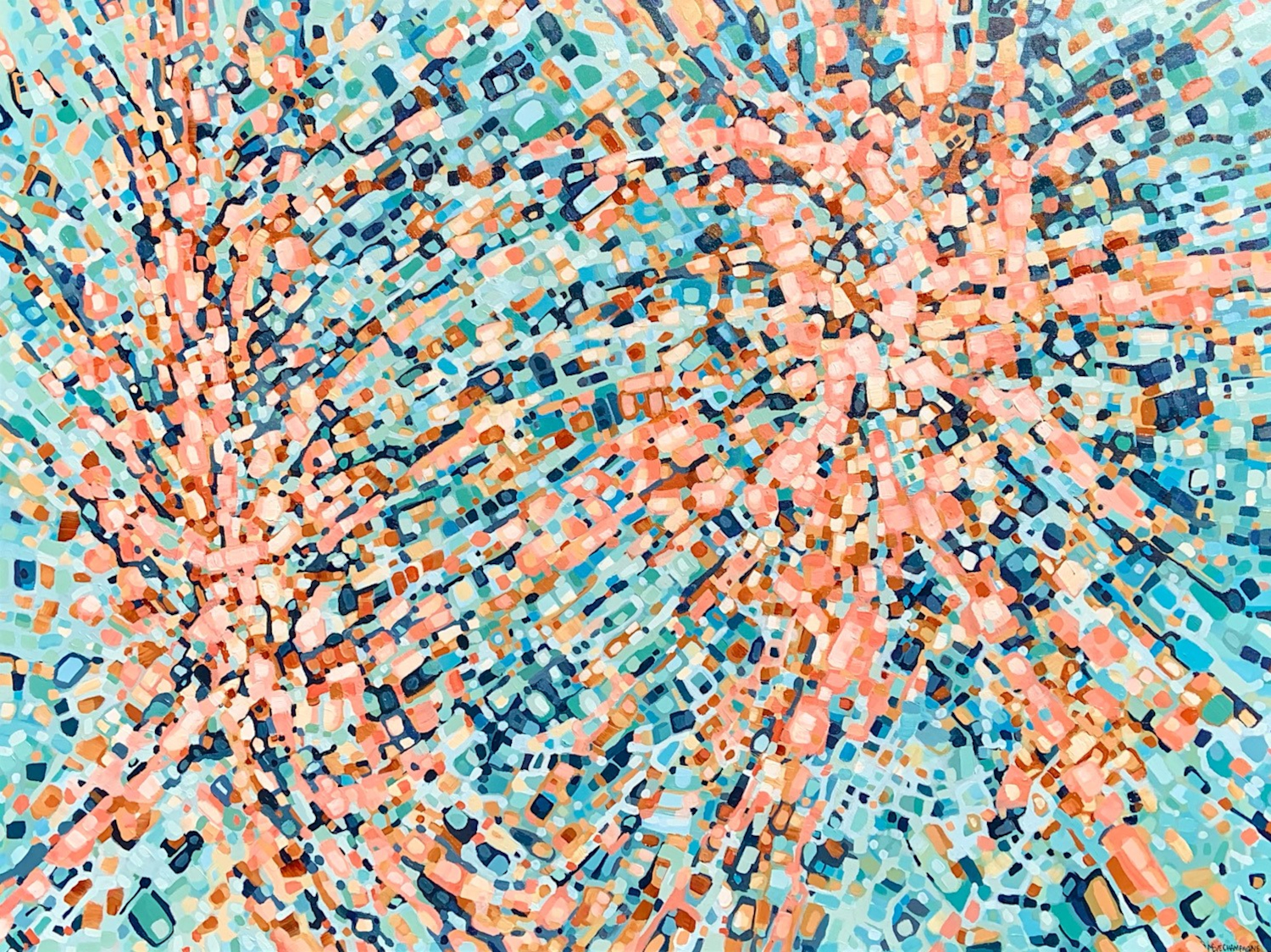 abstract painting by Marie-Eve Champagne at Champagne Artwork. Movement, orange, blue. turquoise, pattern, fragmentation.