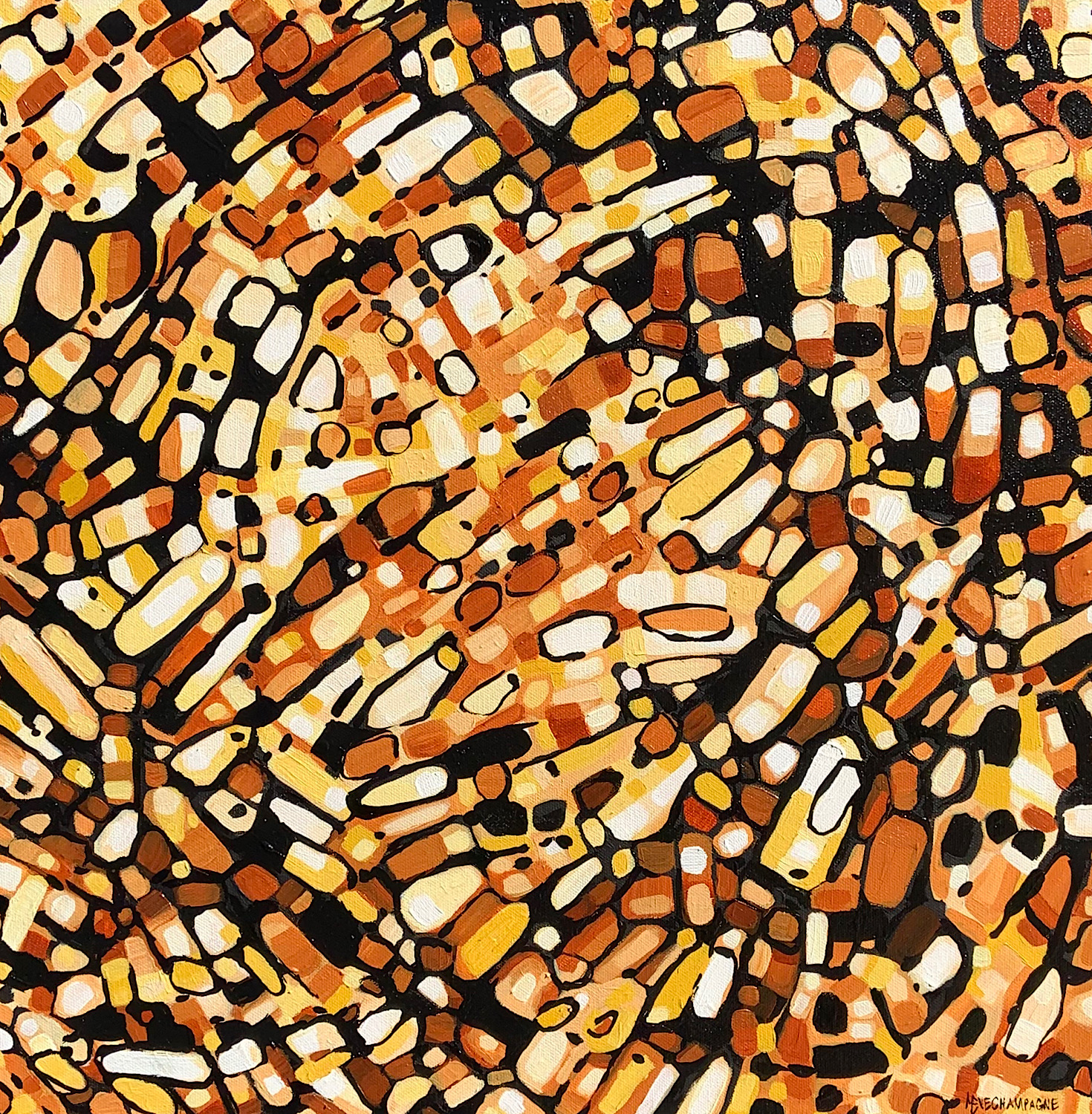 abstract painting by Marie-Eve Champagne at Champagne Artwork. Movement, orange, red, black and ochres, pattern, fragmentation.