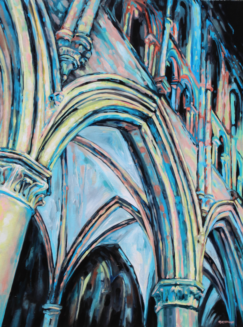 figurative representational painting by Marie-Eve Champagne at Champagne Artwork. architecture, old painting, edinburgh, holyrood, yellow, pink, turquoise, columns, church, arch, perspective