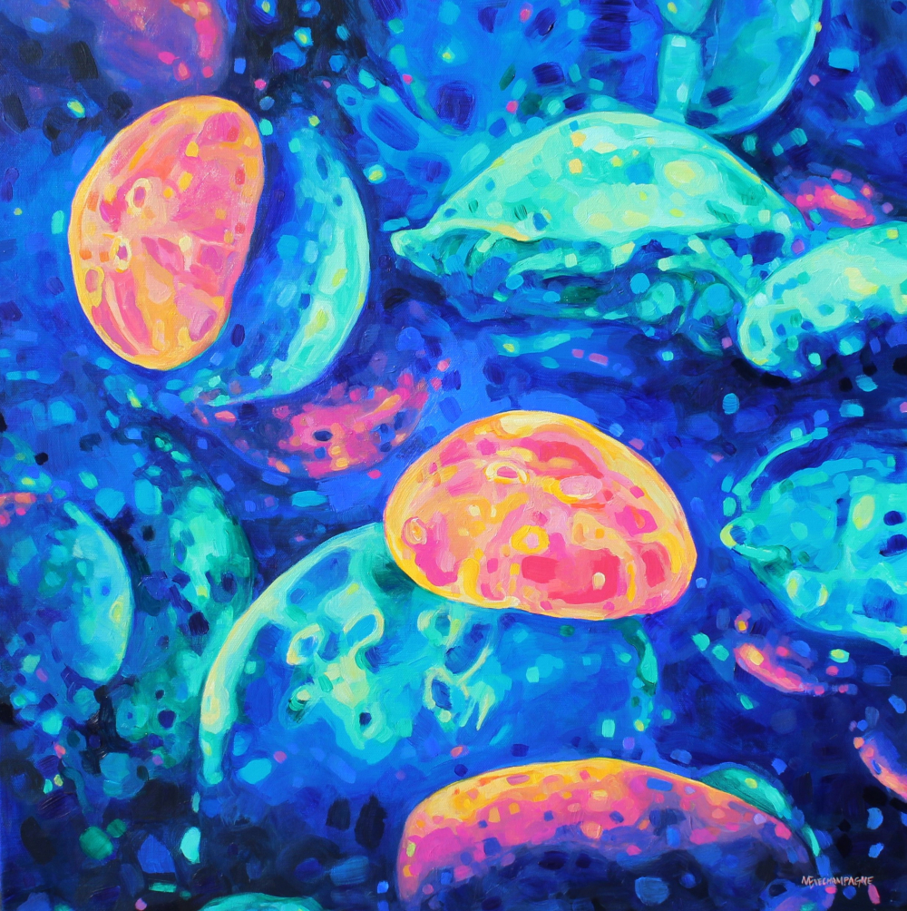 figurative representational painting by Marie-Eve Champagne at Champagne Artwork. sea creatures, jellyfish, neon colors, expressionism, blue, turquoise, pink, orange