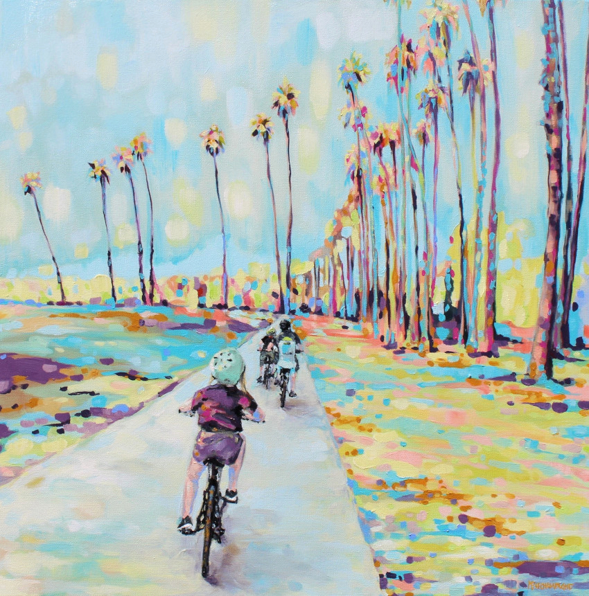 figurative representational painting by Marie-Eve Champagne at Champagne Artwork. summer vacation at the beach, children, palm trees, bike, bicycle, family, warmth, yellow, blue, expressionism