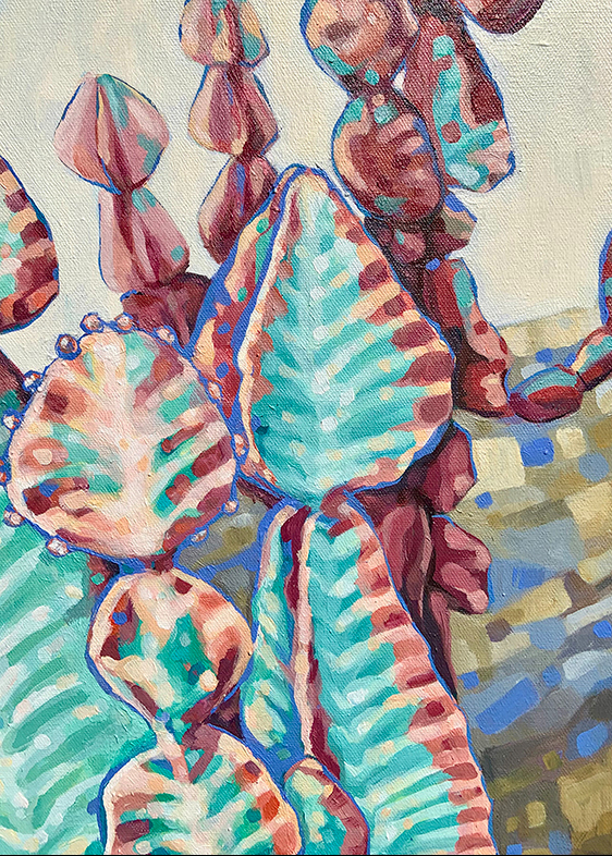 figurative painting by Marie-Eve Champagne at Champagne Artwork. cactus and cacti with succulents. green, red, plant, nature.
