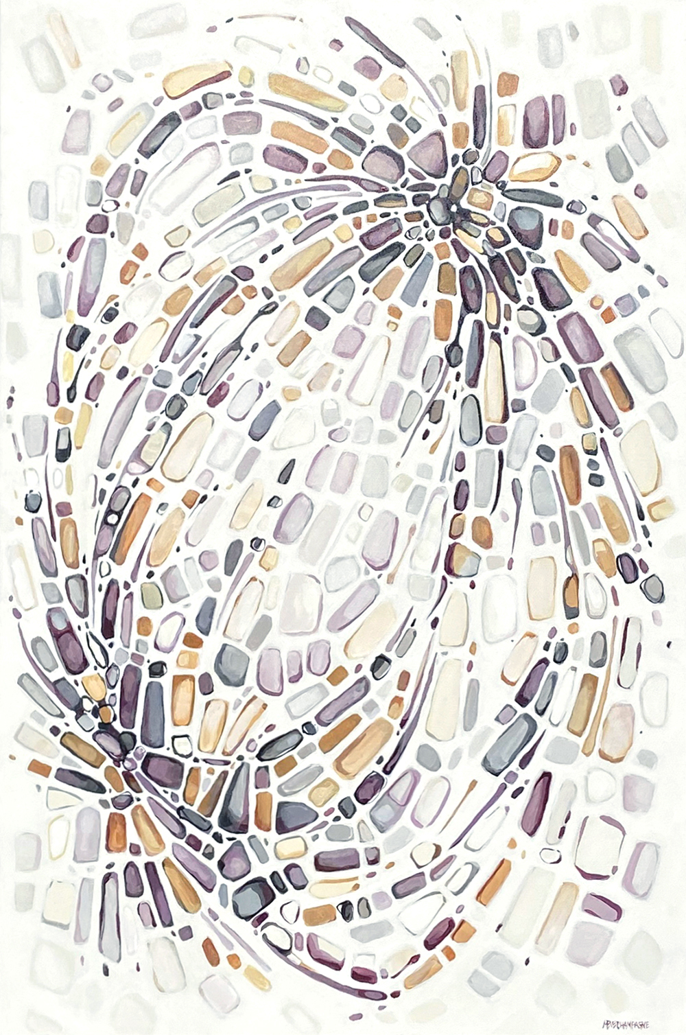Abstract painting by Marie-Eve Champagne at Champagne Artwork. Movement, purple, ochre, pattern, fragmentation.