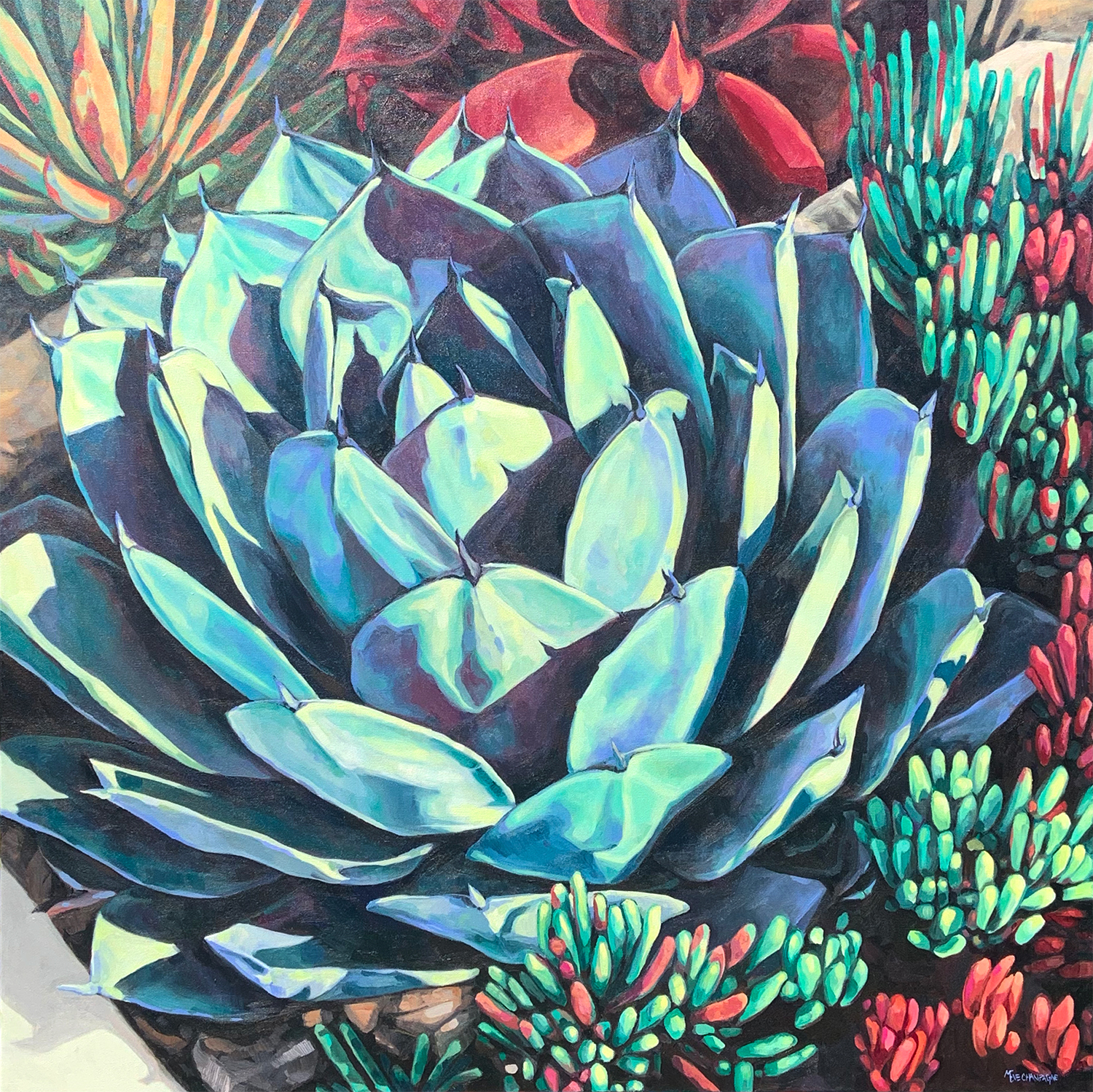 figurative painting by Marie-Eve Champagne at Champagne Artwork. cactus and cacti with succulents. blue, purple, red, green, plant, nature, agave.