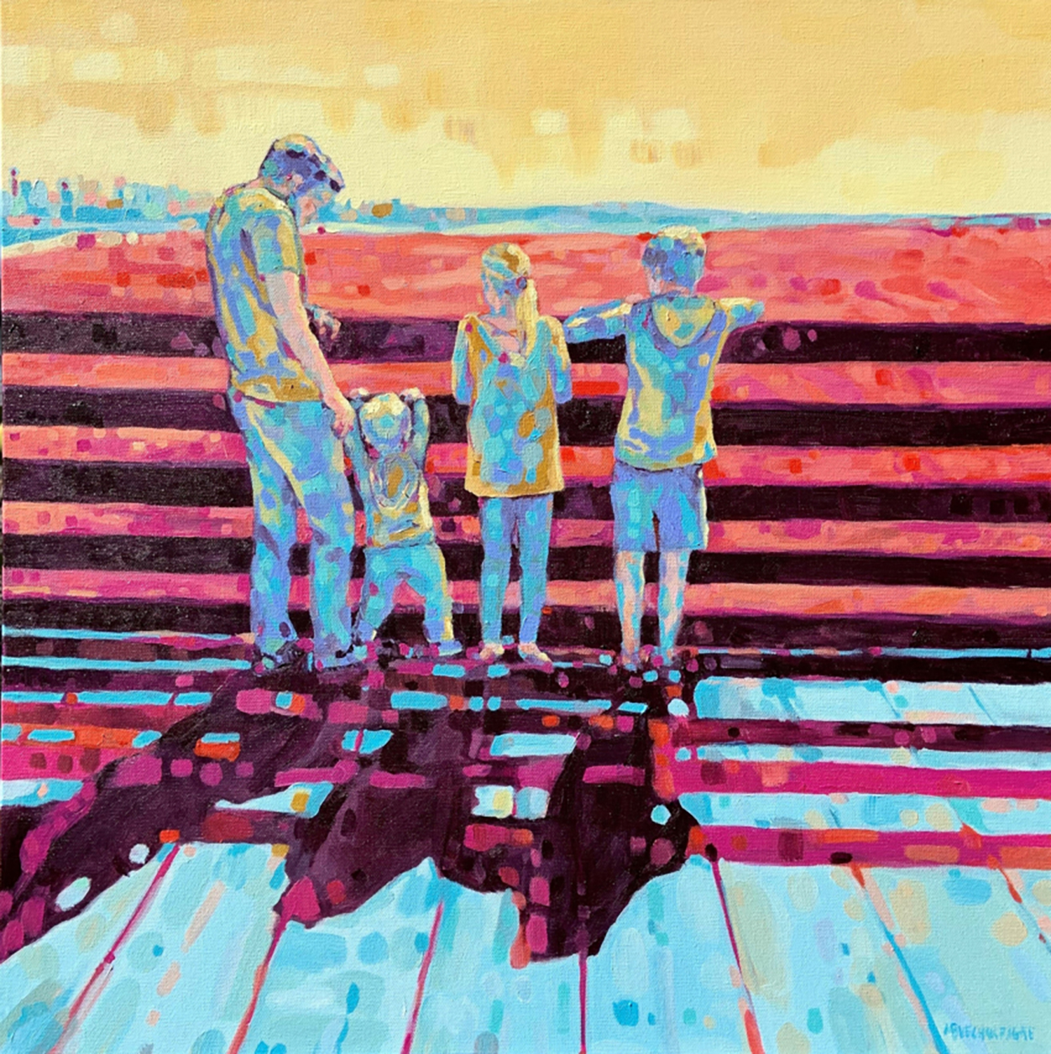 figurative representational painting by Marie-Eve Champagne at Champagne Artwork. summer, beach, children, sea, ocean, family, warmth, orange, blue, purple, pier, expressionism