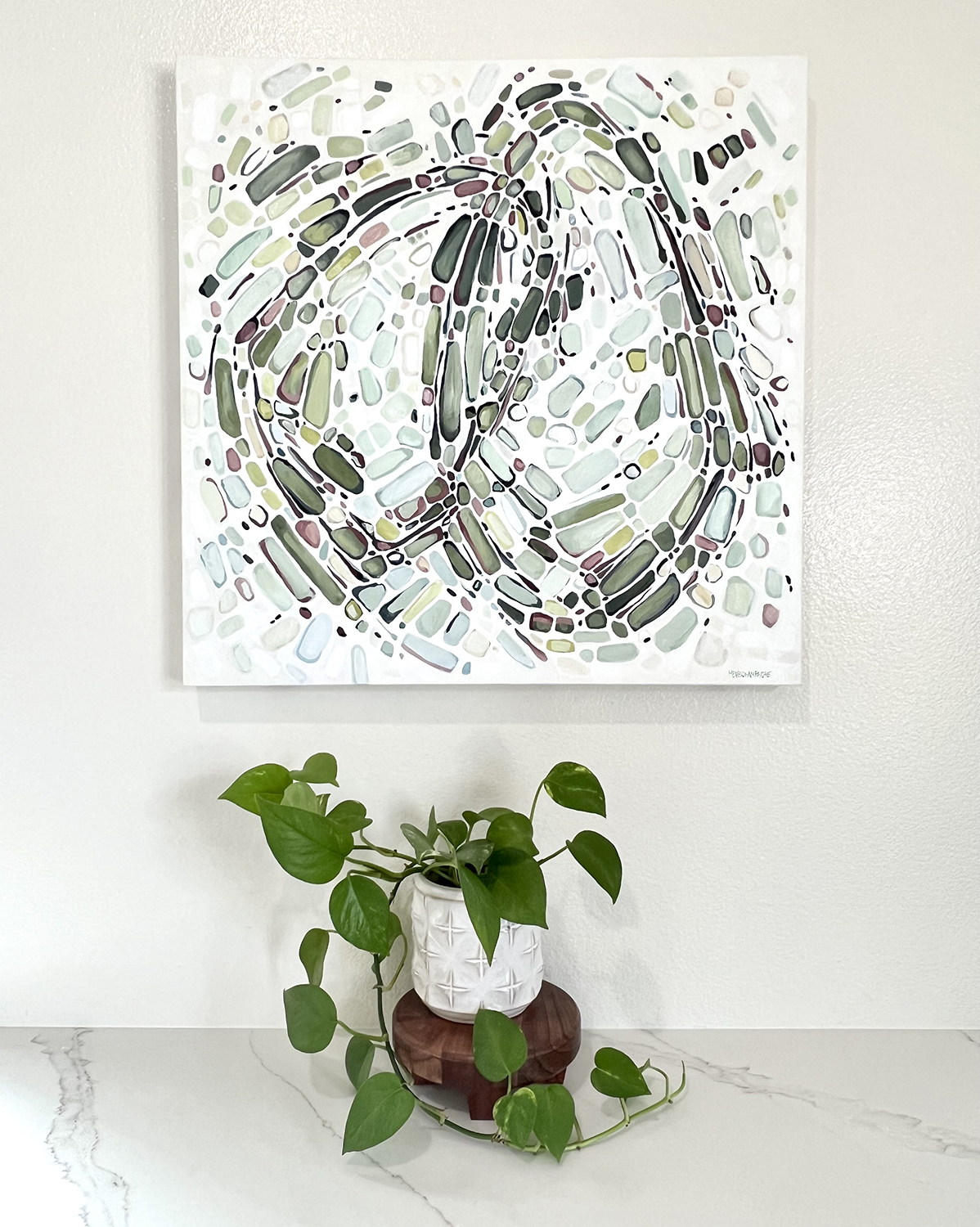 abstract painting by Marie-Eve Champagne at Champagne Artwork. Movement, ochre, green, pattern, fragmentation.