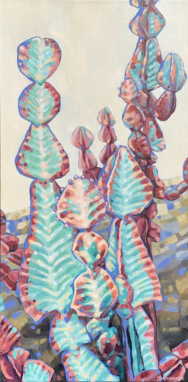 figurative painting by Marie-Eve Champagne at Champagne Artwork. cactus and cacti with succulents. green, red, plant, nature.