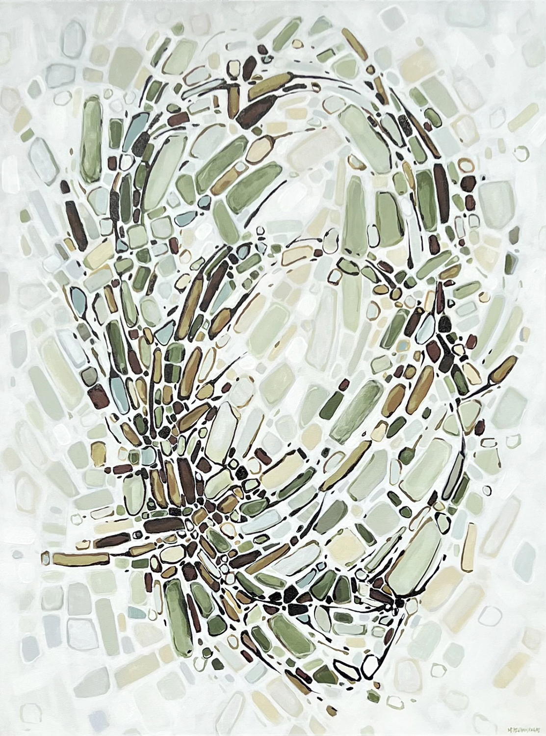 abstract painting by Marie-Eve Champagne at Champagne Artwork. Movement, ochre, green, pattern, fragmentation.
