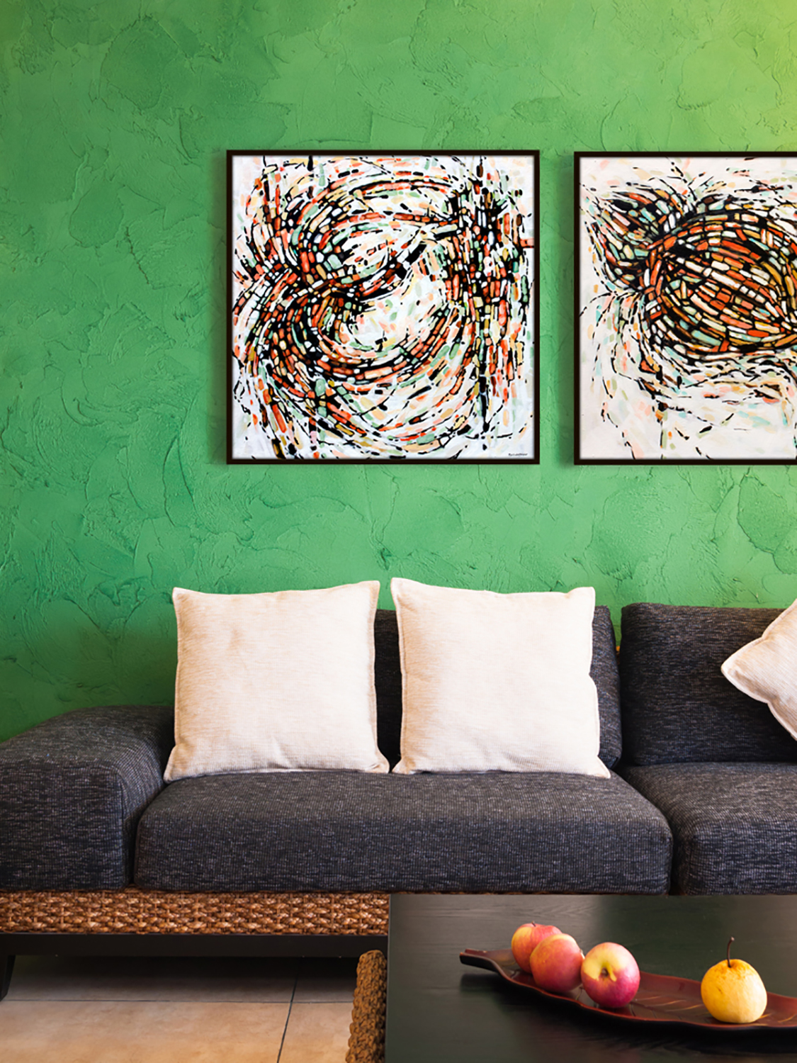 abstract painting by Marie-Eve Champagne at Champagne Artwork. Movement, orange, black, pattern, fragmentation.