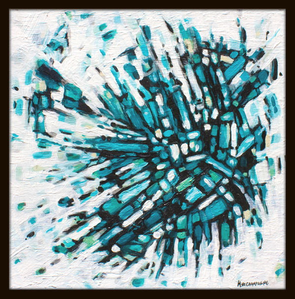 abstract painting by Marie-Eve Champagne at Champagne Artwork. Movement, teal, turquoise, black, pattern, fragmentation.
