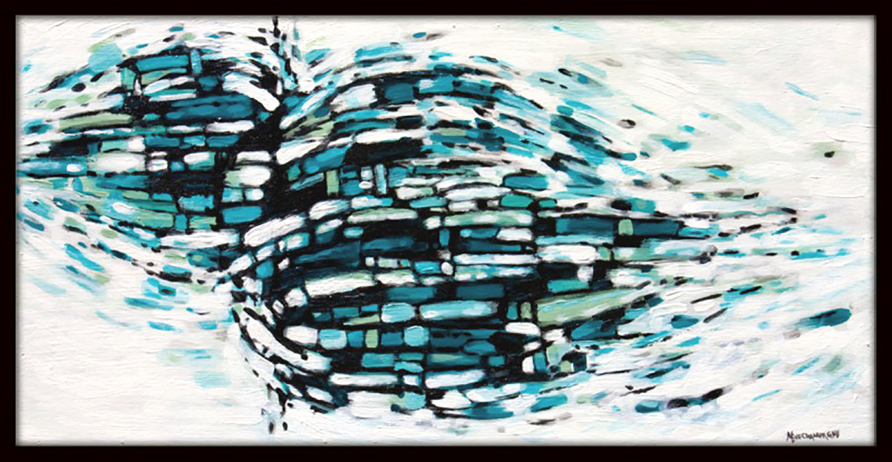 abstract painting by Marie-Eve Champagne at Champagne Artwork. Movement, teal, turquoise, black, pattern, fragmentation.