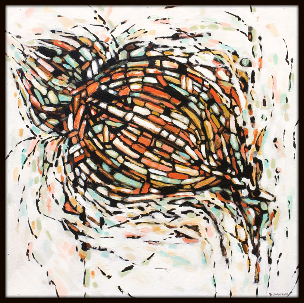 abstract painting by Marie-Eve Champagne at Champagne Artwork. Movement, orange, black, pattern, fragmentation.
