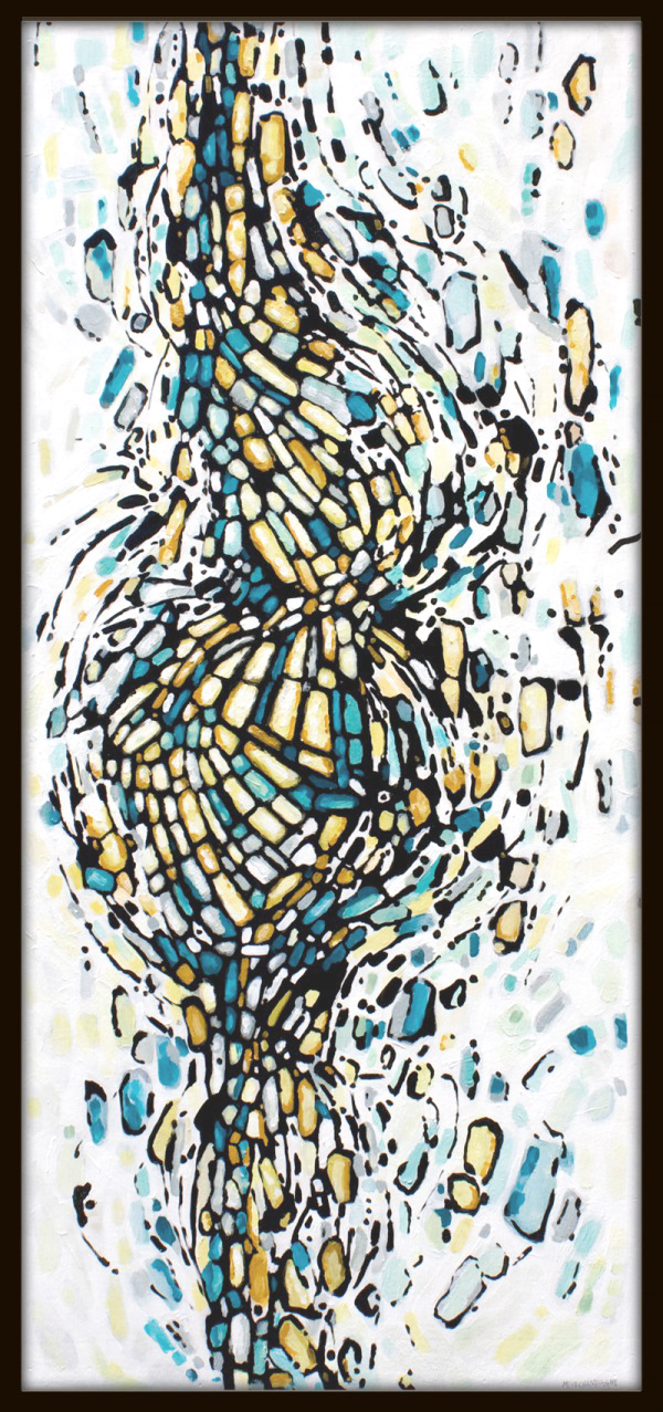 abstract painting by Marie-Eve Champagne at Champagne Artwork. Movement, teal, ochre, black, pattern, fragmentation.