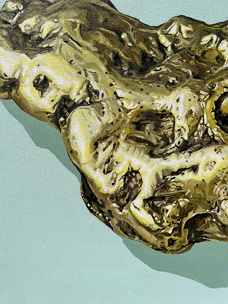 figurative representational painting by Marie-Eve Champagne at Champagne Artwork. rocks, minerals, realism, gemology, brass nugget, gold, mint green