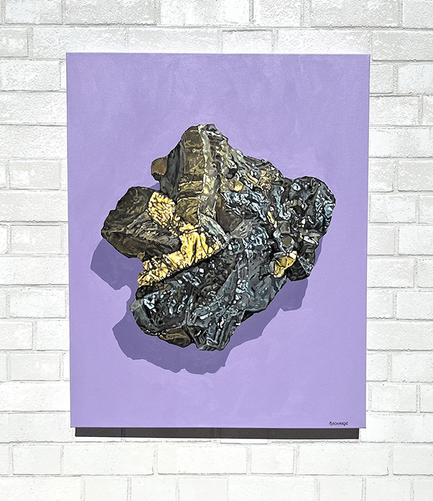 figurative painting by Marie-Eve Champagne at Champagne Artwork. rocks, minerals, realism, gemology, gold, blende mixed with galena, purple, black.