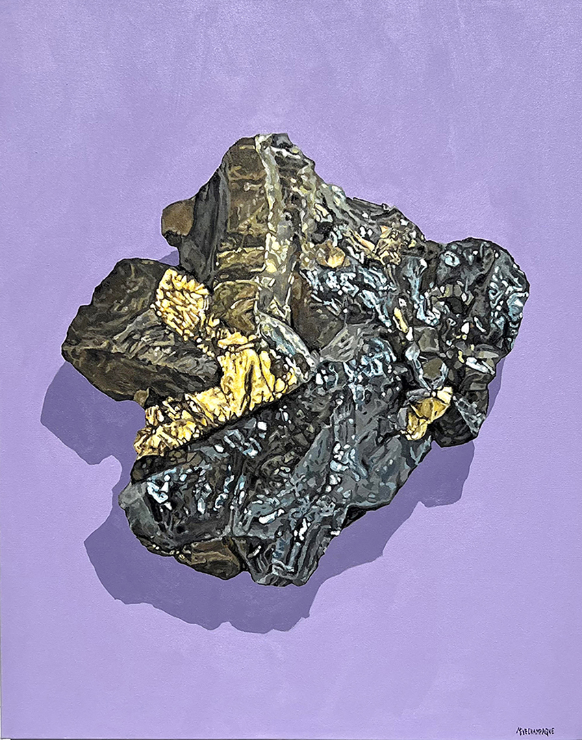 figurative painting by Marie-Eve Champagne at Champagne Artwork. rocks, minerals, realism, gemology, gold, blende mixed with galena, purple, black.