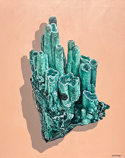 figurative representational painting by Marie-Eve Champagne at Champagne Artwork. stalactite, rocks, minerals, realism, gemology, turquoise, teal, peach, orange, pink, salmon