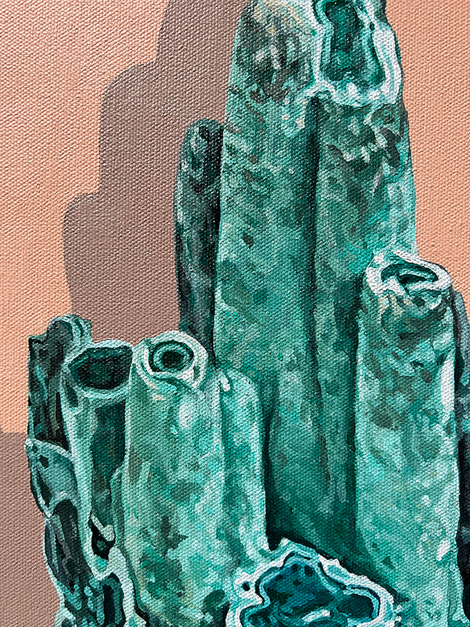 figurative representational painting by Marie-Eve Champagne at Champagne Artwork. stalactite, rocks, minerals, realism, gemology, turquoise, teal, peach, orange, pink, salmon