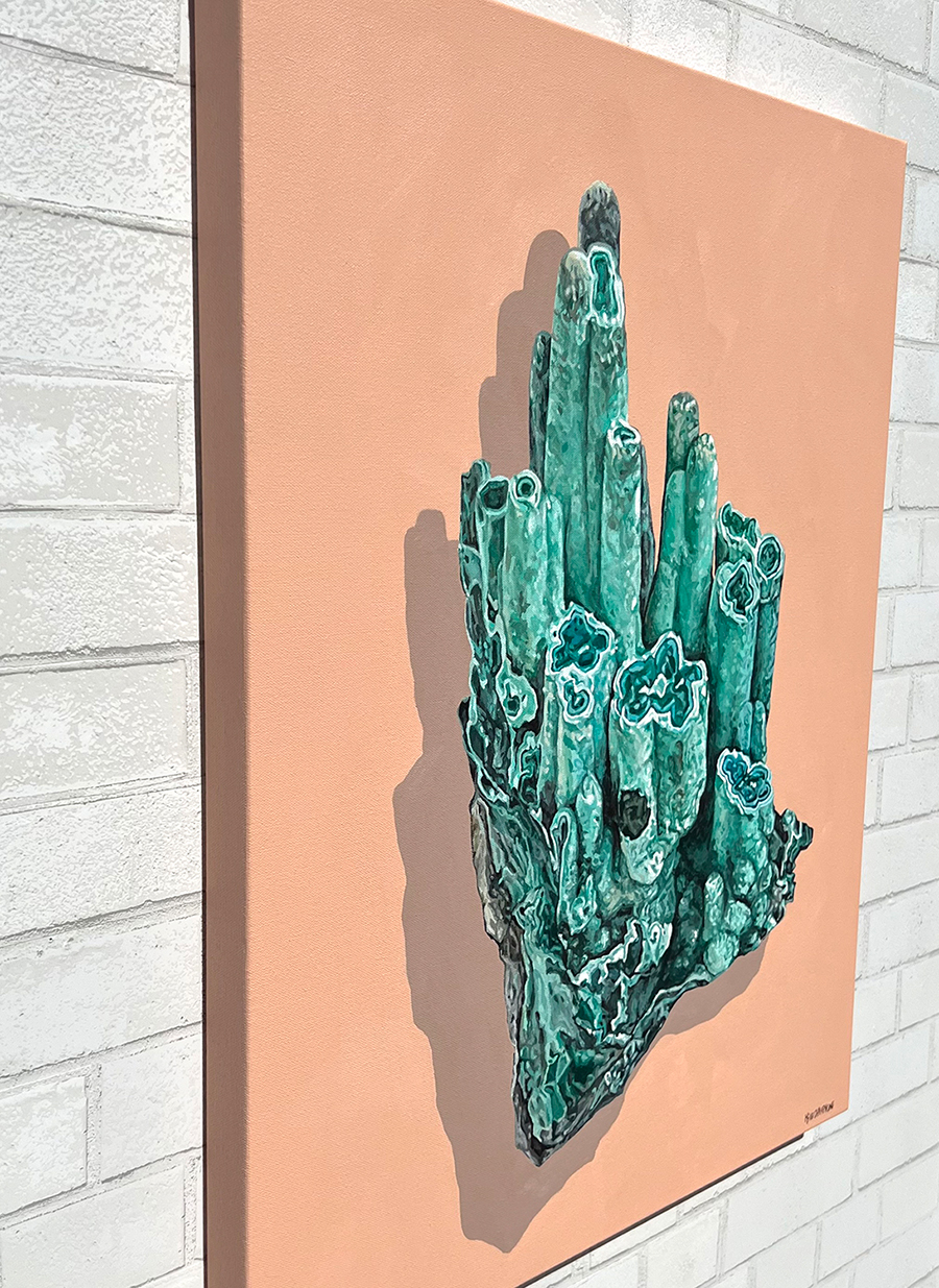 figurative representational painting by Marie-Eve Champagne at Champagne Artwork. stalactite, rocks, minerals, realism, gemology, turquoise, teal, peach, orange, pink, salmon