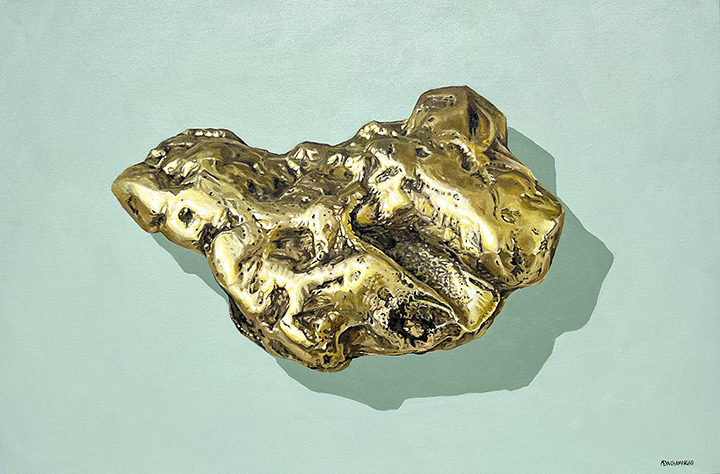 figurative representational painting by Marie-Eve Champagne at Champagne Artwork. rocks, minerals, realism, gemology, brass nugget, gold, mint green
