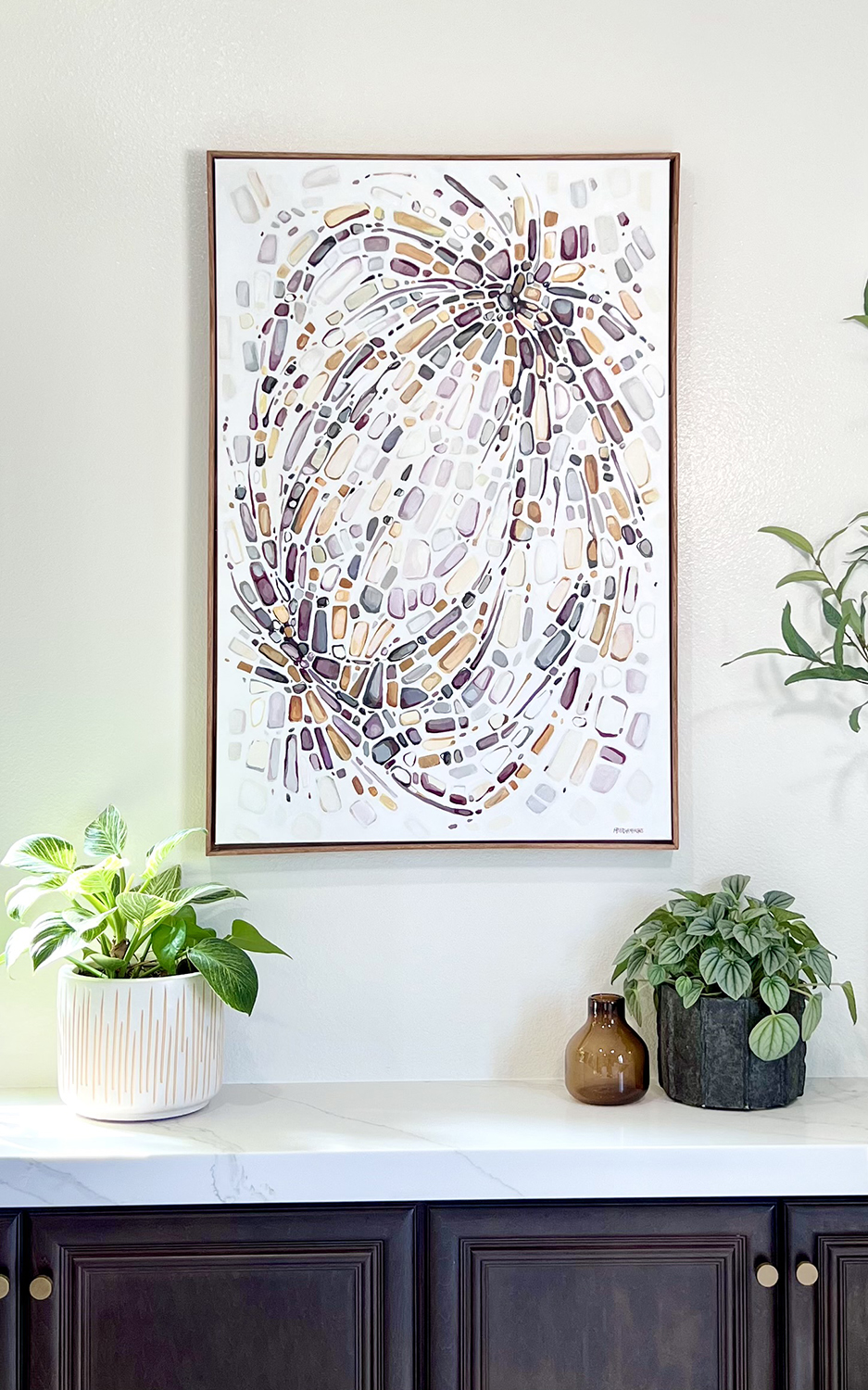 Abstract painting by Marie-Eve Champagne at Champagne Artwork. Movement, purple, ochre, pattern, fragmentation.