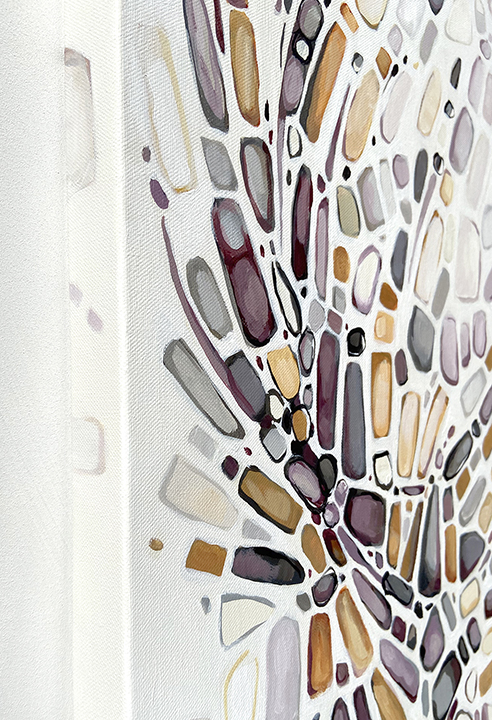 detail of an abstract painting by Marie-Eve Champagne at Champagne Artwork. Movement, purple, ochre, pattern, fragmentation.