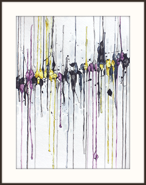 abstract painting by Marie-Eve Champagne at Champagne Artwork. Movement, dripping, black, yellow and purple, vertical lines.