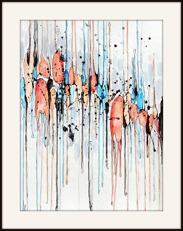 abstract painting by Marie-Eve Champagne at Champagne Artwork. Movement, dripping, black, peach and blues, vertical lines.