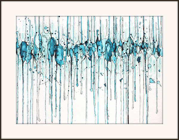 abstract painting by Marie-Eve Champagne at Champagne Artwork. Movement, dripping, black, turquoise and blues, vertical lines.