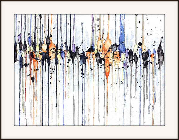 abstract painting by Marie-Eve Champagne at Champagne Artwork. Movement, dripping, black, orange and purple, vertical lines.