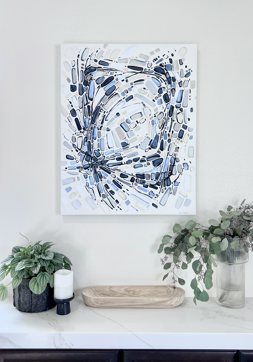 abstract painting by Marie-Eve Champagne at Champagne Artwork. Movement, blue, black, pattern, fragmentation.