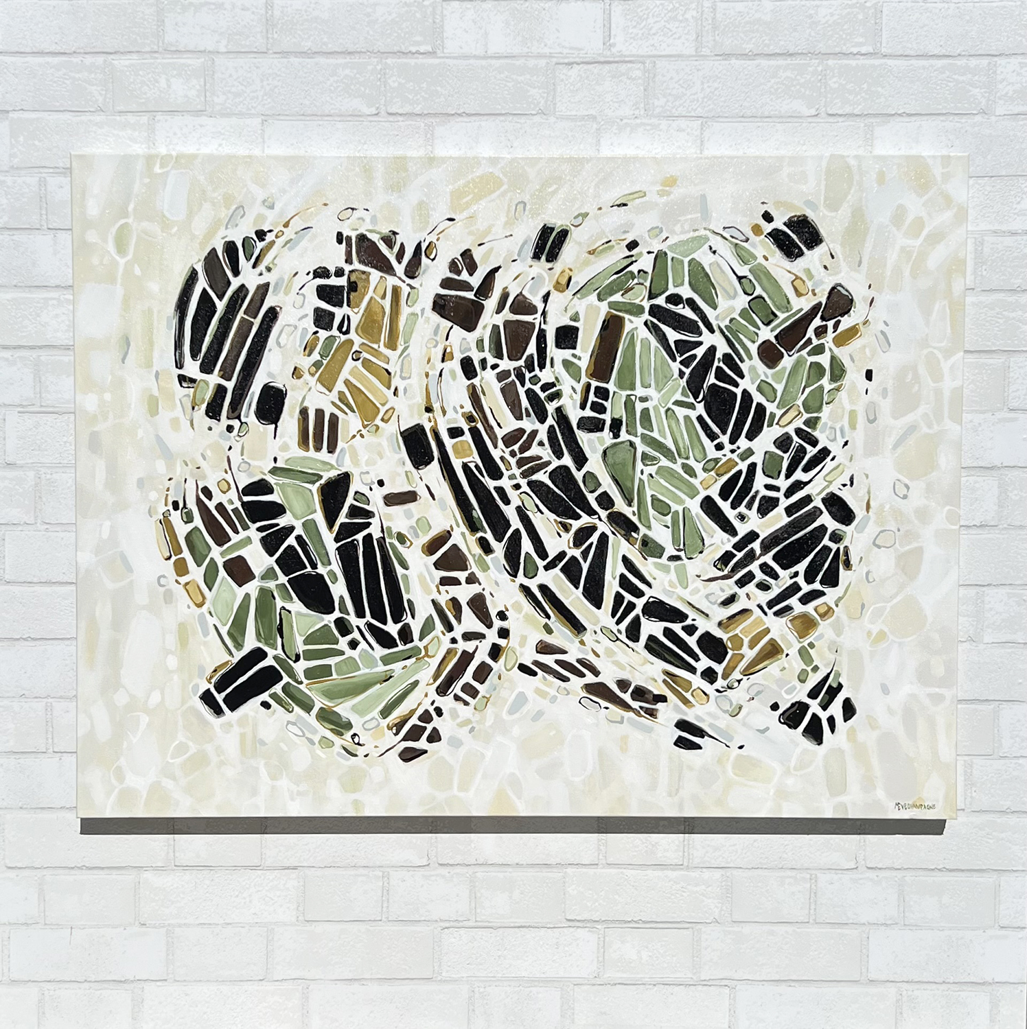 abstract painting by Marie-Eve Champagne at Champagne Artwork. Movement, ochre, green, pattern, fragmentation.