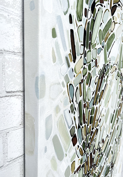 abstract painting by Marie-Eve Champagne at Champagne Artwork. Movement, green, ochre, pattern, fragmentation.